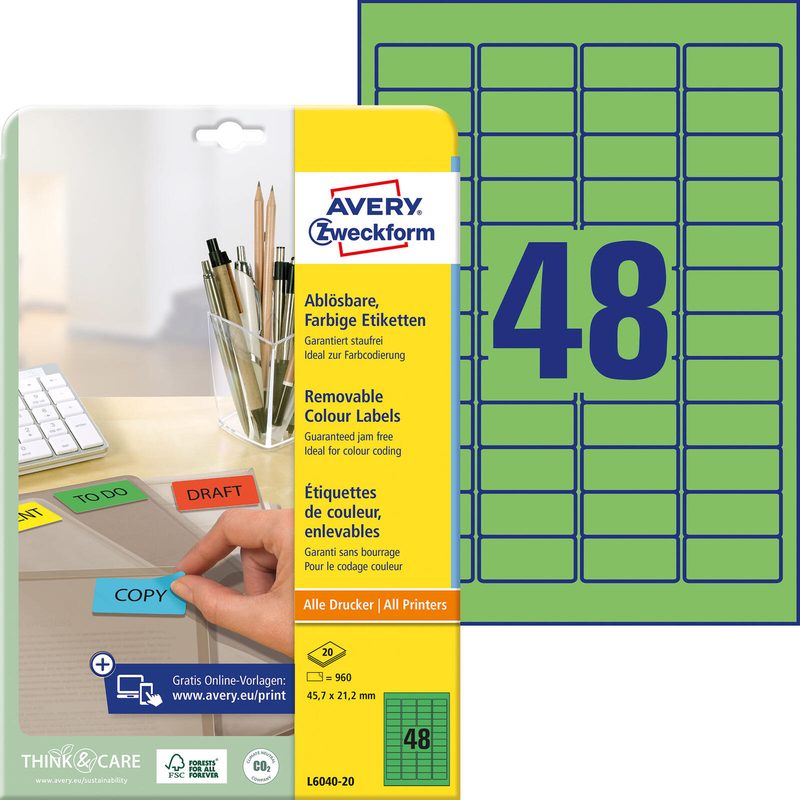 Avery Zweckform étiquette L6040-20 45,7x21,2mm vert 960 étiquettes/boîte