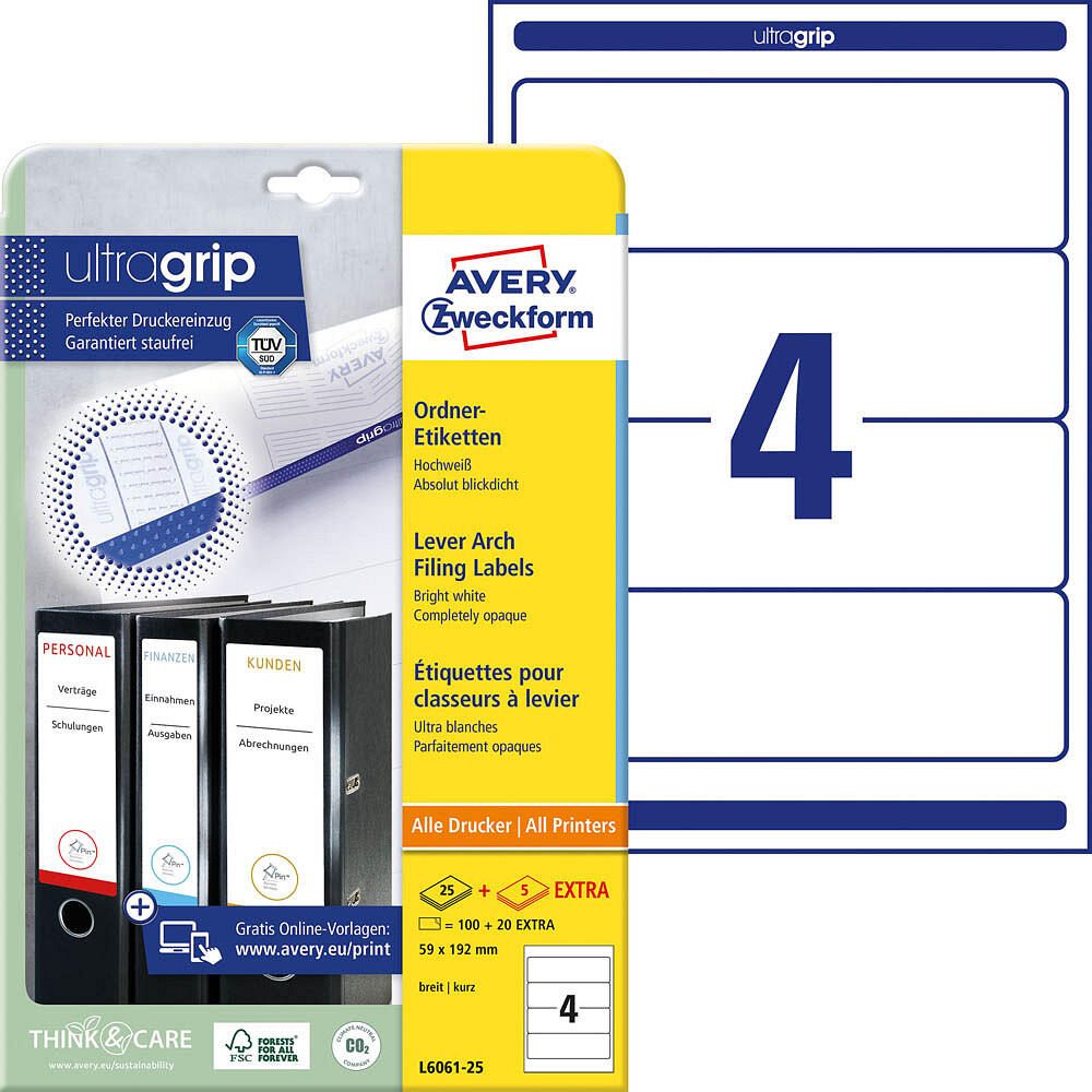 Avery Zweckform étiquette pour classeur L6061-25 59x192mm blanc 120 étiquettes/boîte