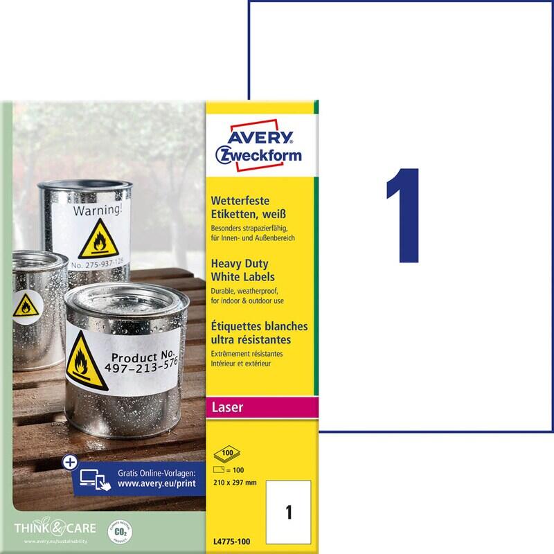 Étiquettes en film résistant aux intempéries Avery Zweckform 210,0 x 297,0 mm - 100 feuilles — lot de 100