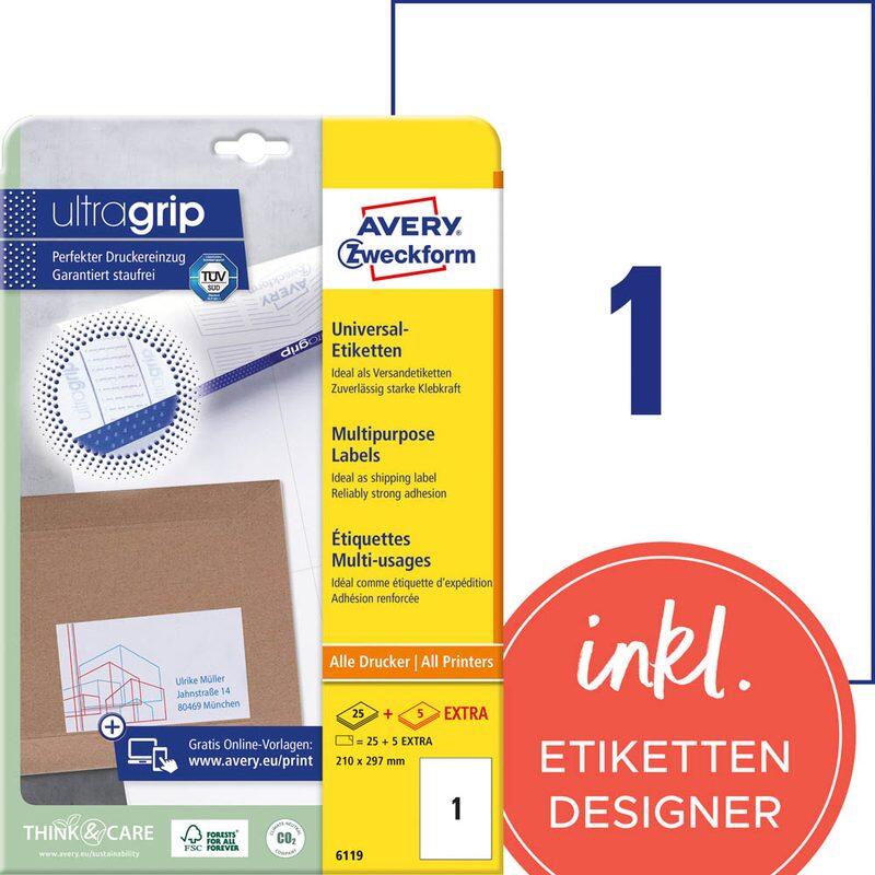 Avery Zweckform étiquette 6119 210x297mm blanc 30 étiquettes/boîte