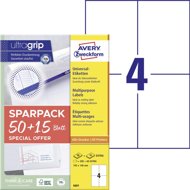 AVERY Zweckform Étiquettes universelles 6601 blanc 105,0 x 148,0 mm 1 boîte = 65 feuilles