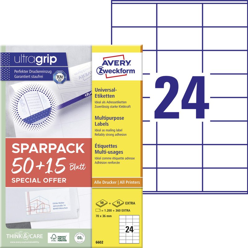 AVERY Zweckform Étiquettes universelles 6602 blanc 70,0 x 36,0 mm 1 boîte = 65 feuilles