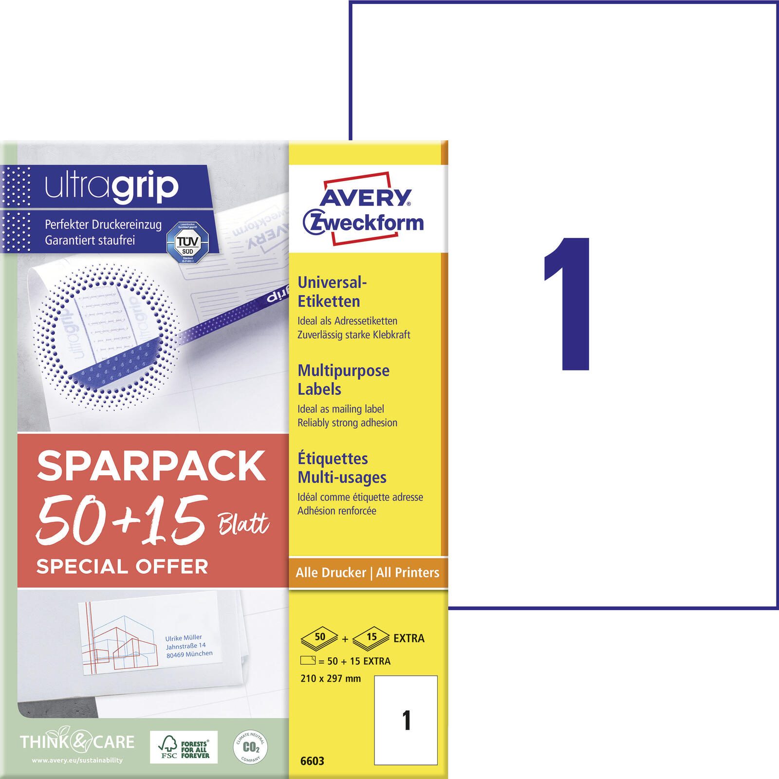 AVERY Zweckform Étiquettes universelles 6603 blanc 210,0 x 297,0 mm 1 boîte = 65 feuilles