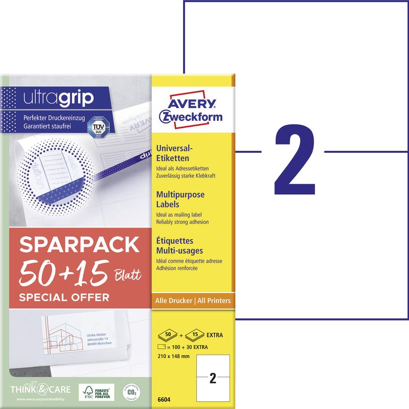 AVERY Zweckform étiquettes universelles 6604 blanc 210,0 x 148,0 mm 1 boîte = 65 feuilles