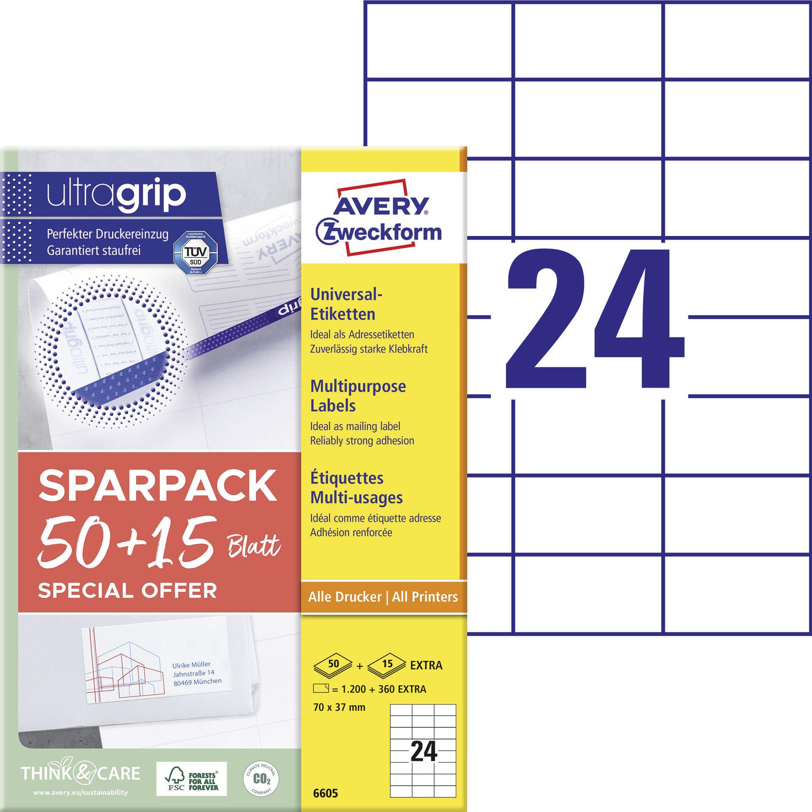 AVERY Zweckform étiquettes universelles 6605 blanc 70,0 x 37,0 mm 1 boîte = 65 feuilles — lot de 65
