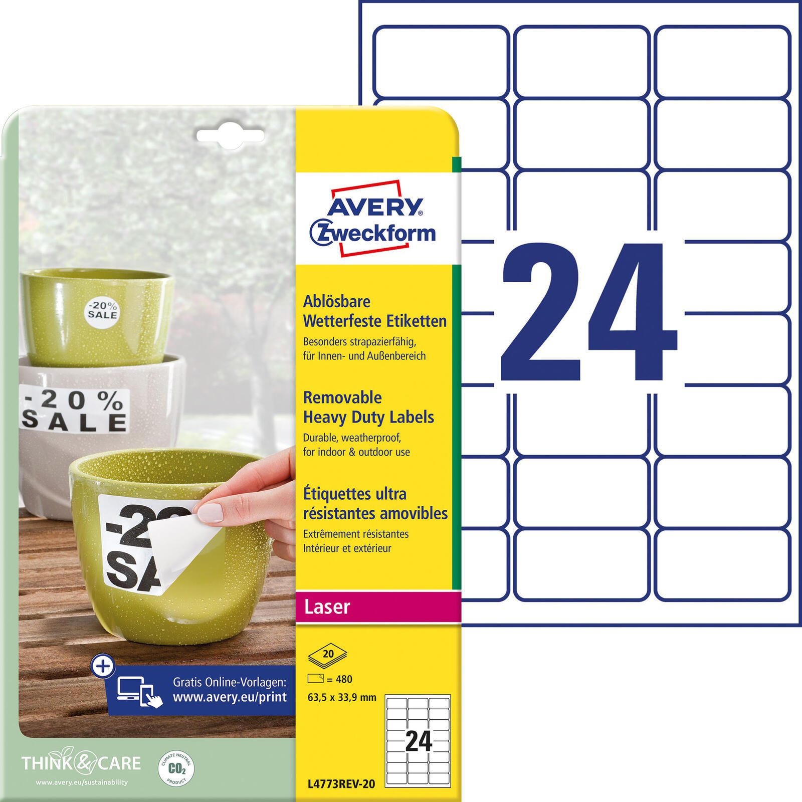 Avery Zweckform étiquette L4773REV-20 63,5x33,9mm blanc 480 pièces/paquet — lot de 480