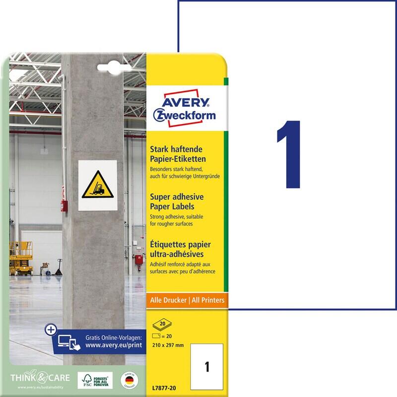 AVERY Zweckform étiquettes Power 210,0 x 297,0 mm L7877-20 blanc 1 boîte = 20 feuilles — lot de 20