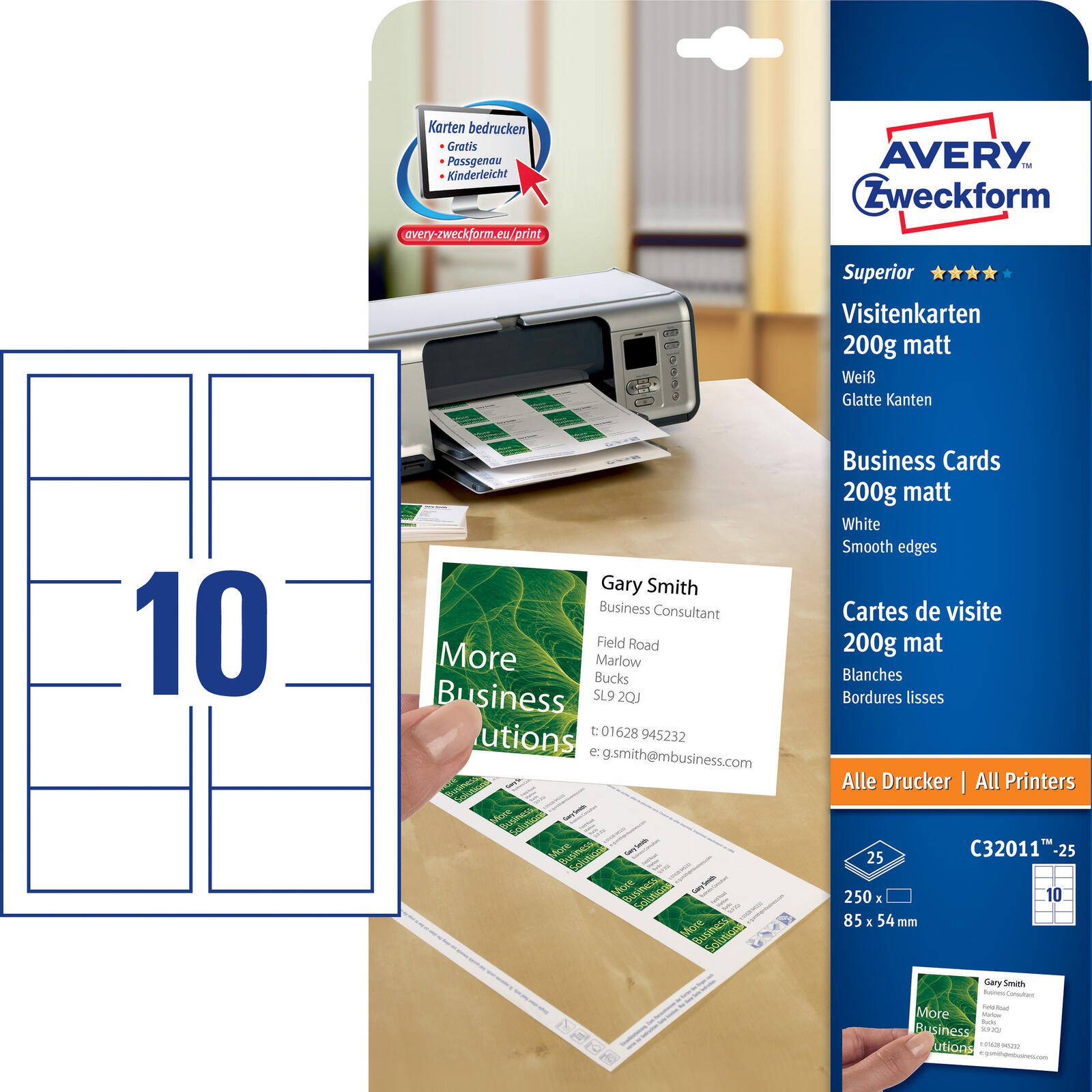 AVERY Zweckform Cartes de visite 200 g/m² blanc mat 1 boîte = 250 pièces — lot de 250 pièces