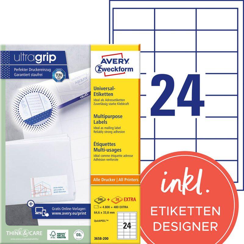 Étiquettes Avery Zweckform 3658-200 blanc 64,6 x 33,8 mm - 1 paquet = 220 feuilles