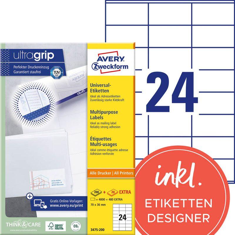 Étiquettes Avery Zweckform 3475-200 blanc 70,0 x 36,0 mm - 1 paquet = 220 feuilles