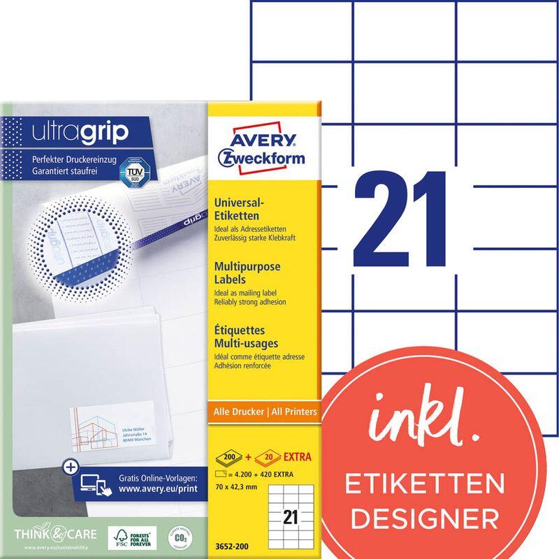 Étiquettes Avery Zweckform 3652-200 blanc 70,0 x 42,3 mm - 1 paquet = 220 feuilles