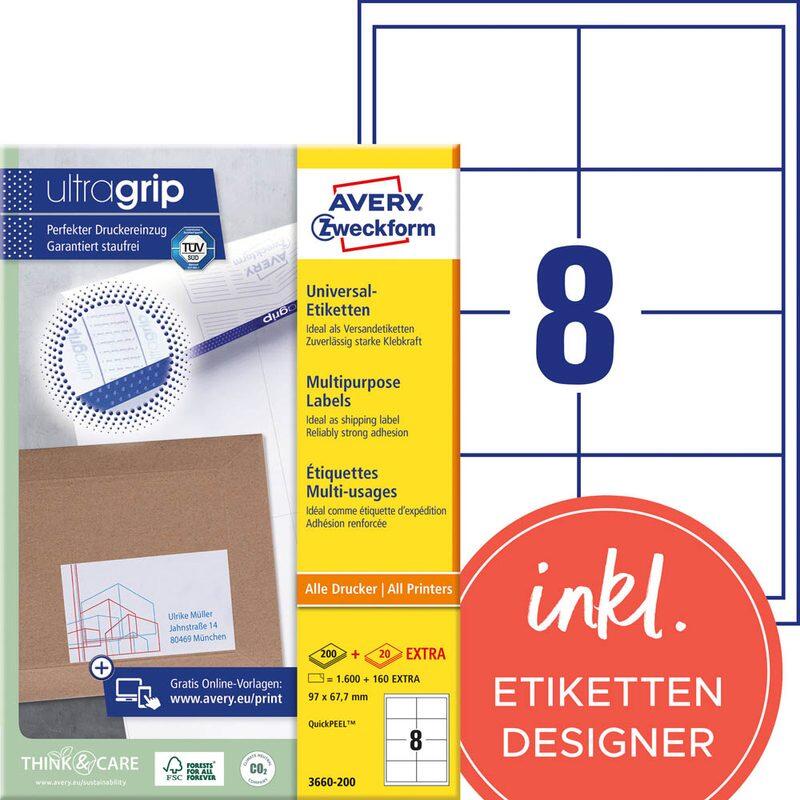 Étiquettes Avery Zweckform 3660-200 blanc 97,0 x 67,7 mm - 1 paquet = 220 feuilles