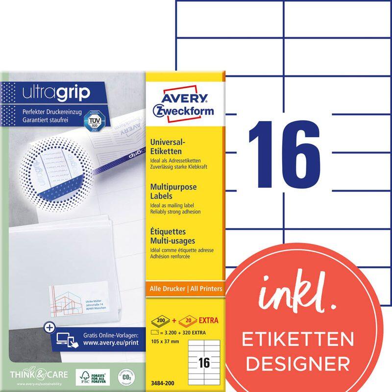 AVERY Zweckform Étiquettes 3484-200 blanc 105,0 x 37,0 mm 1 boîte = 220 feuilles