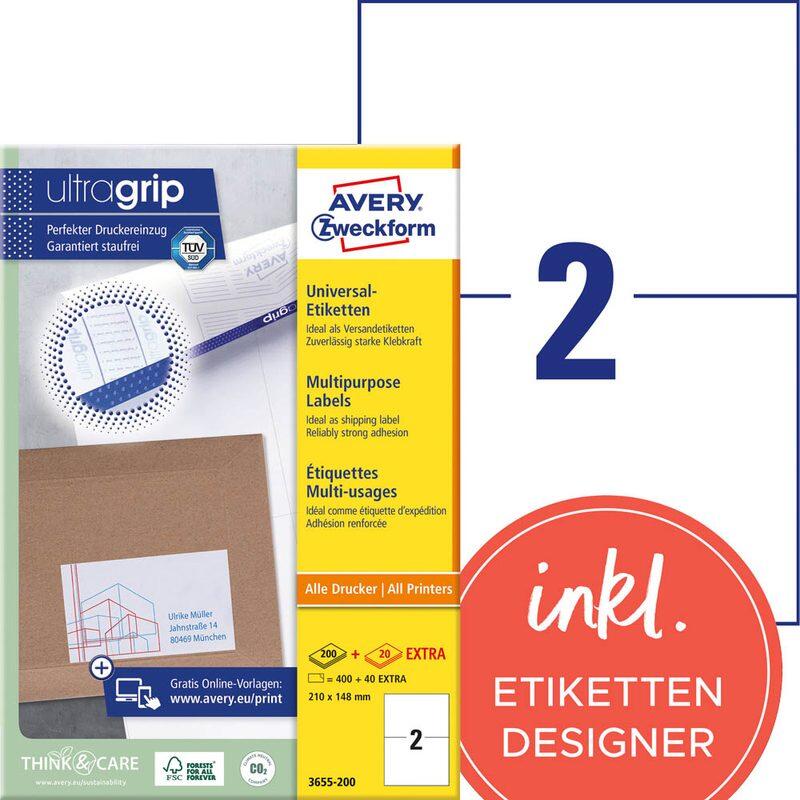 Étiquettes Avery Zweckform 3655-200 blanc 210,0 x 148,0 mm 1 boîte = 220 feuilles