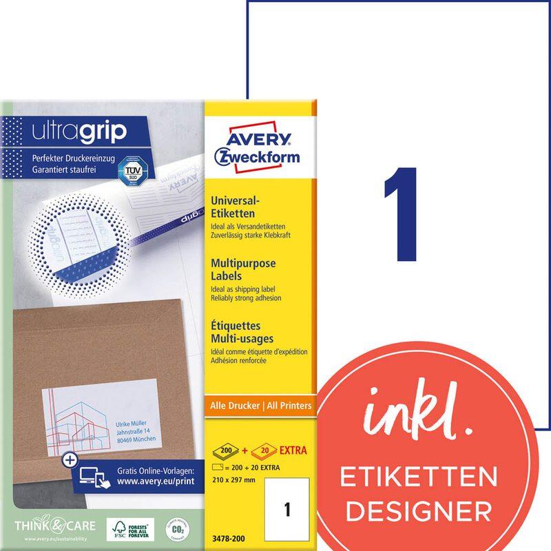 Étiquettes Avery Zweckform 3478-200 blanc 210,0 x 297,0 mm 1 boîte = 220 feuilles — lot de 220