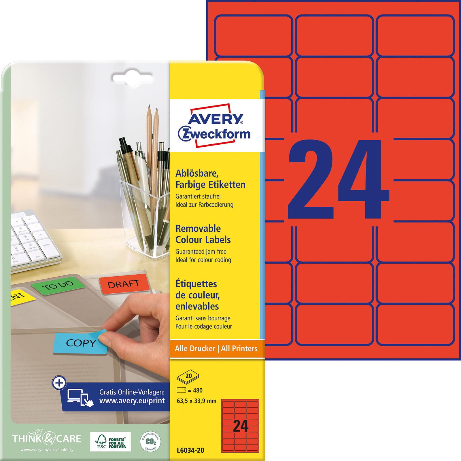 Étiquettes Avery Zweckform L6034-20 rouge 63,5 x 33,9 mm 1 boîte = 20 feuilles — lot de 20