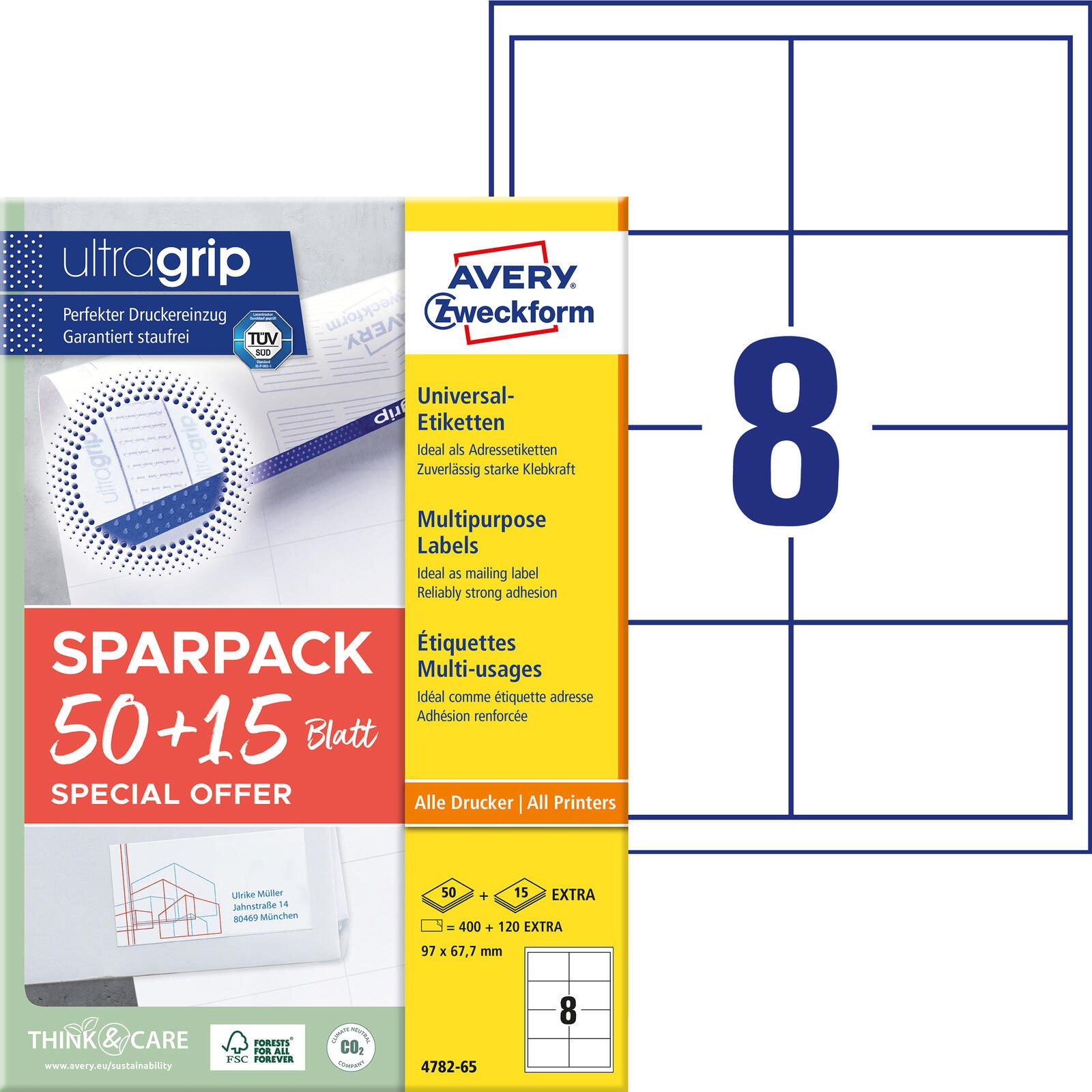 Étiquettes Avery Zweckform 97,0 x 67,7 mm, blanches (1 paquet = 65 feuilles)