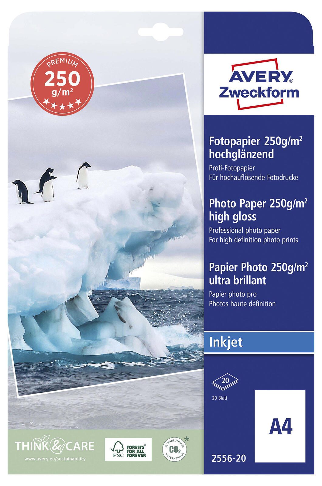 Papier photo premium Avery Zweckform 2556-20 DIN A4 250 g/m² blanc, 20 feuilles/pack