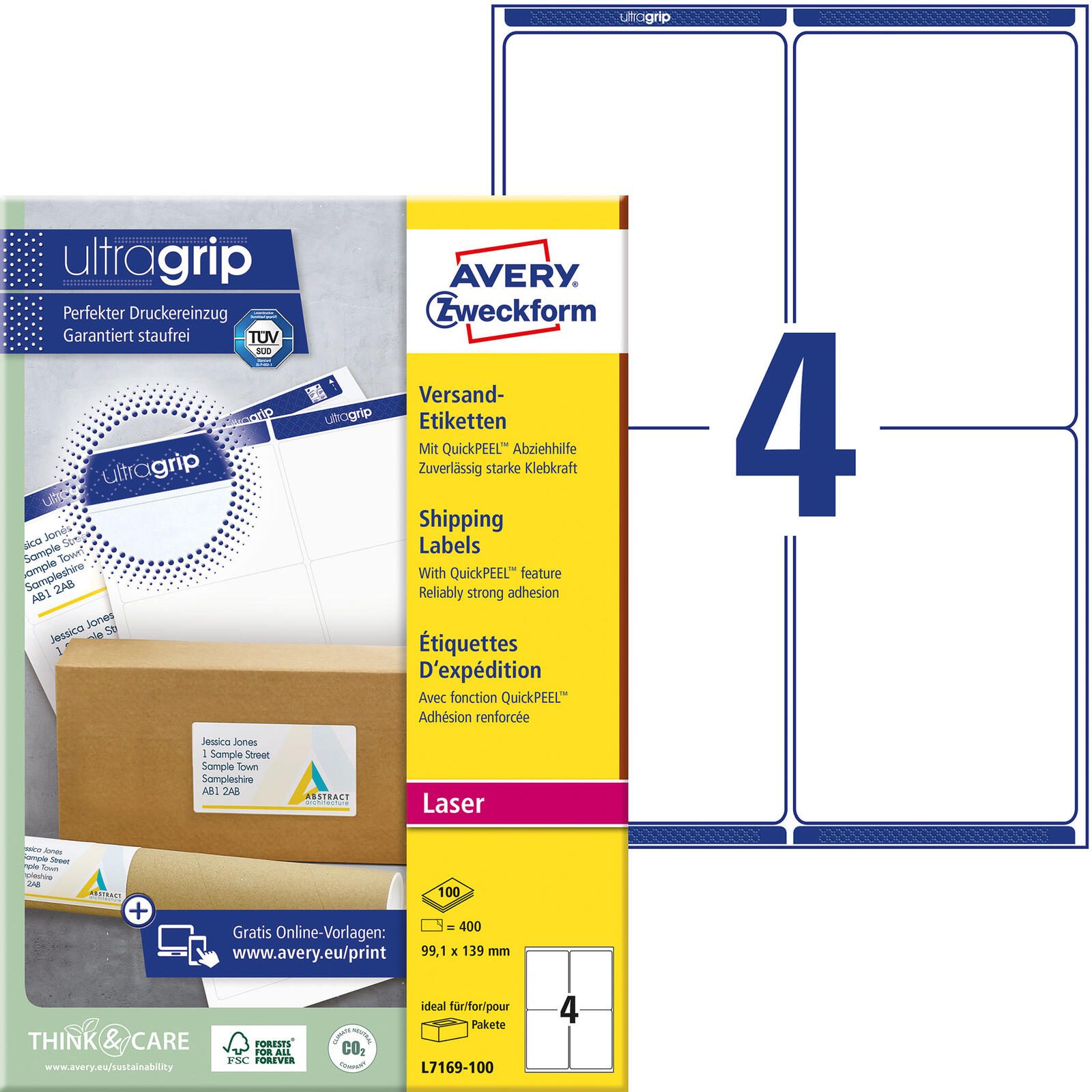 AVERY Zweckform Étiquettes d'expédition L7169-100 blanc 99,1 x 139,0 mm 1 boîte = 100 feuilles