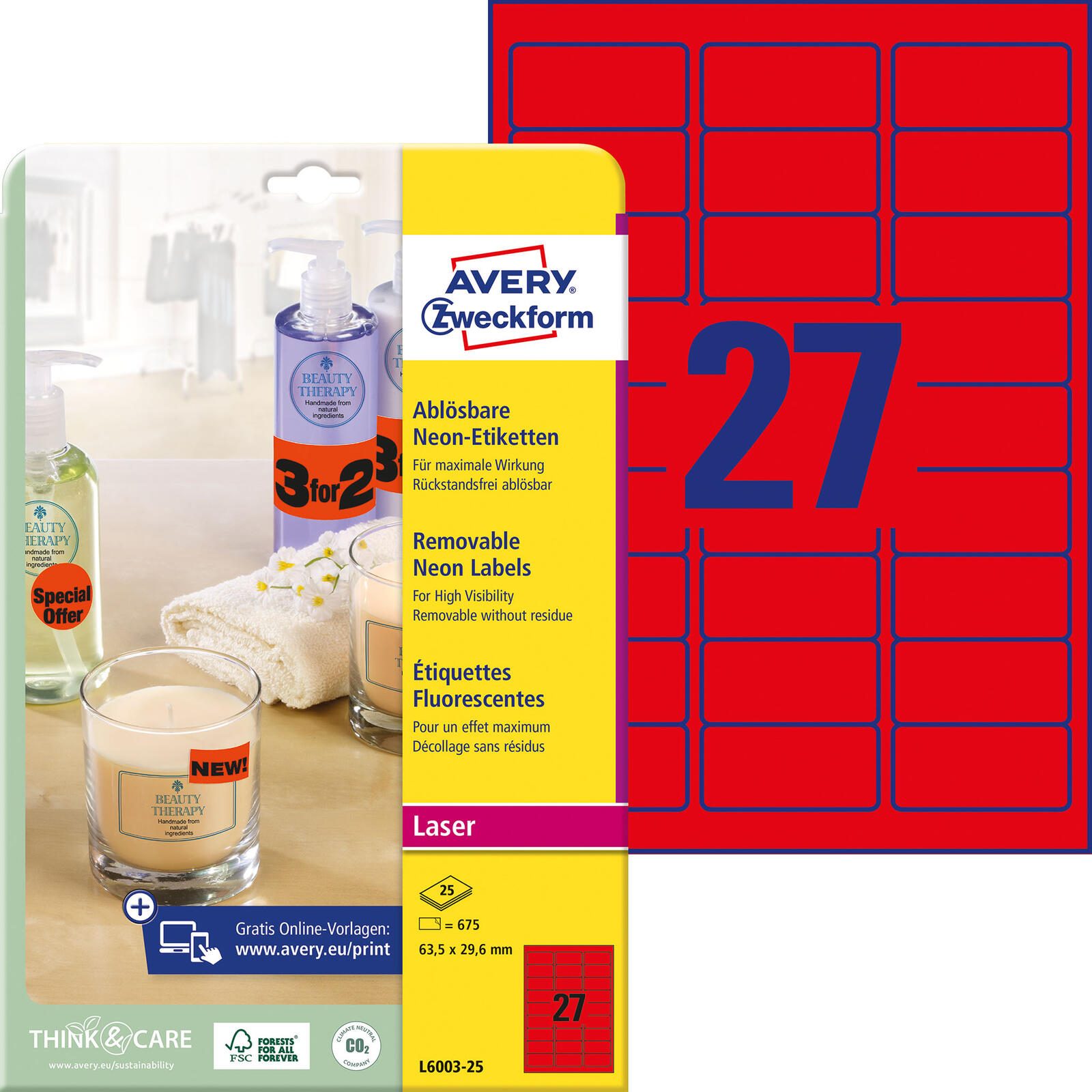 Étiquette Avery Zweckform L6003-25 63,5x29,6mm rouge néon 675 unités/pack