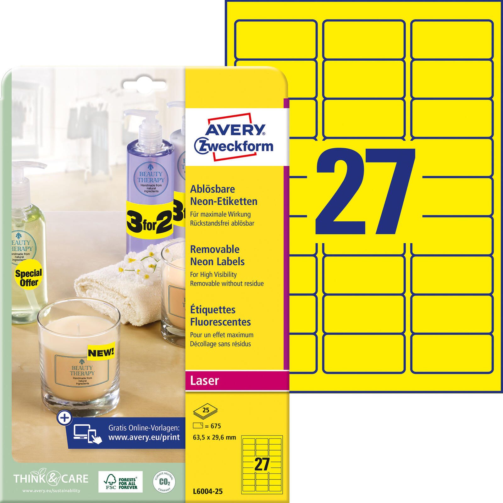 Avery Zweckform Étiquette L6004-25 63,5x29,6mm jaune néon 675 étiquettes/paquet