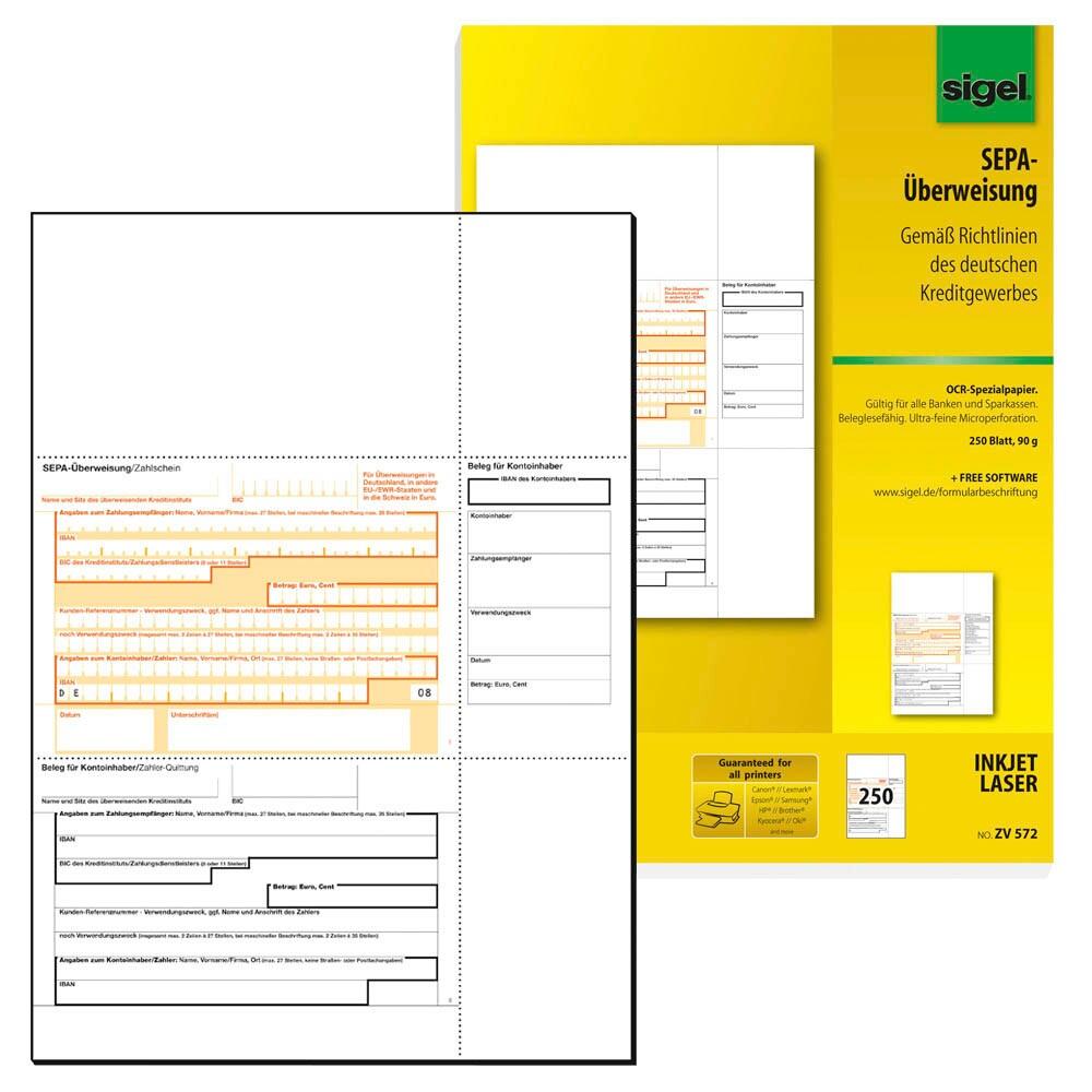 Formulaires de virement SEPA / bordereaux de paiement sigel ZV572 - 250 pièces