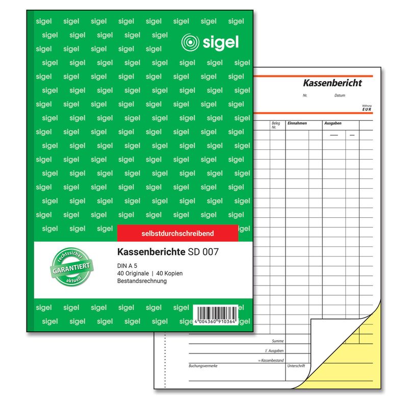 Registre SIGEL rapport de caisse/inventaire DIN A5 2x40 pages