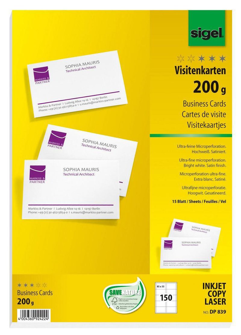 Carte de visite Sigel DP839 85x55 mm 200 g blanc 150 pièces/pack — lot de 150 pièces