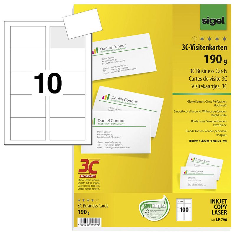 Carte de visite Sigel LP790 DIN A4 85x55 mm 190 g/m² blanc 100 pièces/paquet — lot de 100 pièces