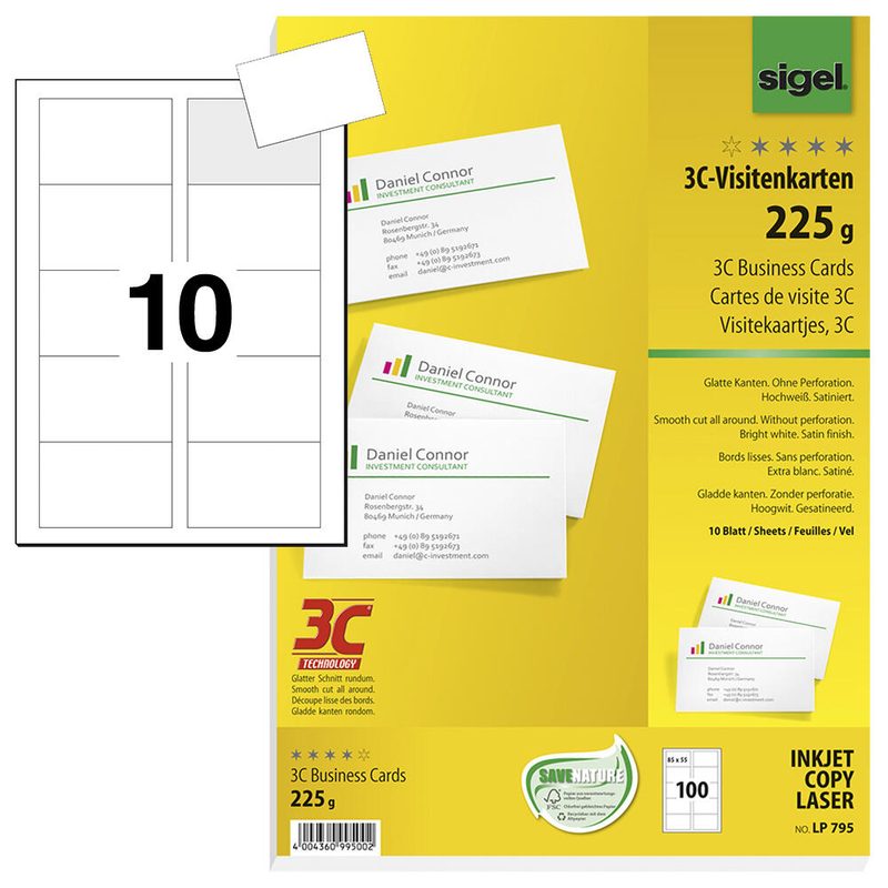 Cartes de visite SIGEL 225 g/m² satiné blanc pur 1 boîte = 100 pièces — lot de 100 pièces