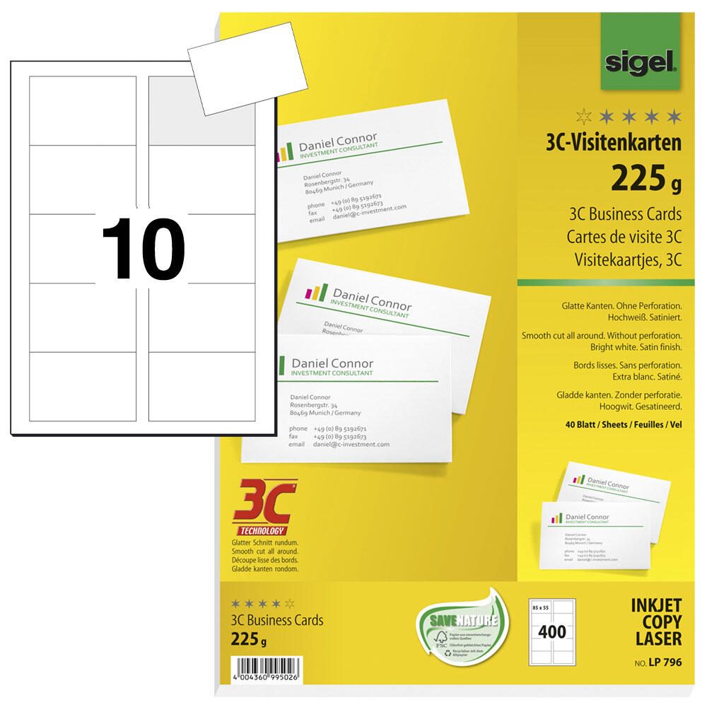 Jeu de 400 cartes de visite SIGEL 225 g/m² satinées blanc premium — lot de 400 pièces