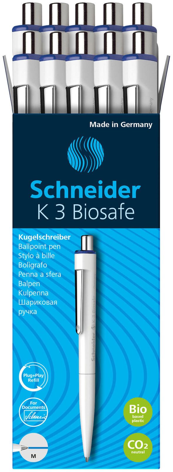 Stylo à bille Schneider K3 Biosafe 0,6 mm bleu 1 boîte = 10 pièces — lot de 10 pièces