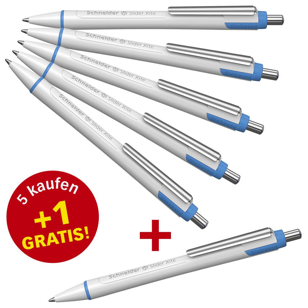 Schneider Slider Xite Stylo à bille blanc 0,7 mm, Couleur d'écriture : bleu, 5 Pièces + OFFERT 1 Pièce 1 Boîte = 5 Pièces — lot de 5 pièces