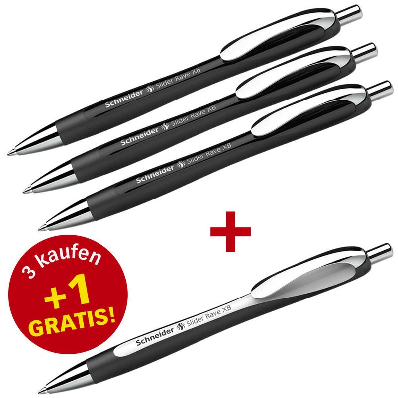 Stylo à bille Schneider Slider Rave XB noir 0,7 mm, encre bleue - 3 pièces + 1 stylo Slider Rave XB offert 1 boîte = 3 pièces — lot de 3 pièces