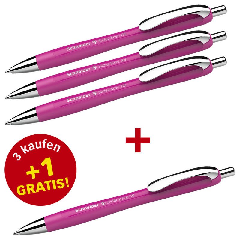 Stylo à bille Schneider Slider Rave XB rose - Écriture bleue, 3 unités + 1 GRATUIT Slider Rave XB rose - 1 pack promotionnel = 3 unités — lot de 3 pièces