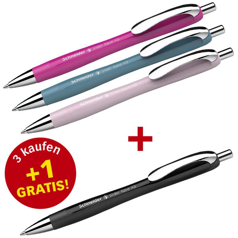 Stylo à bille Schneider Slider Rave XB assorti - Écriture bleue, 3 unités + 1 GRATUIT Slider Rave XB noir - 1 pack promotionnel = 3 unités