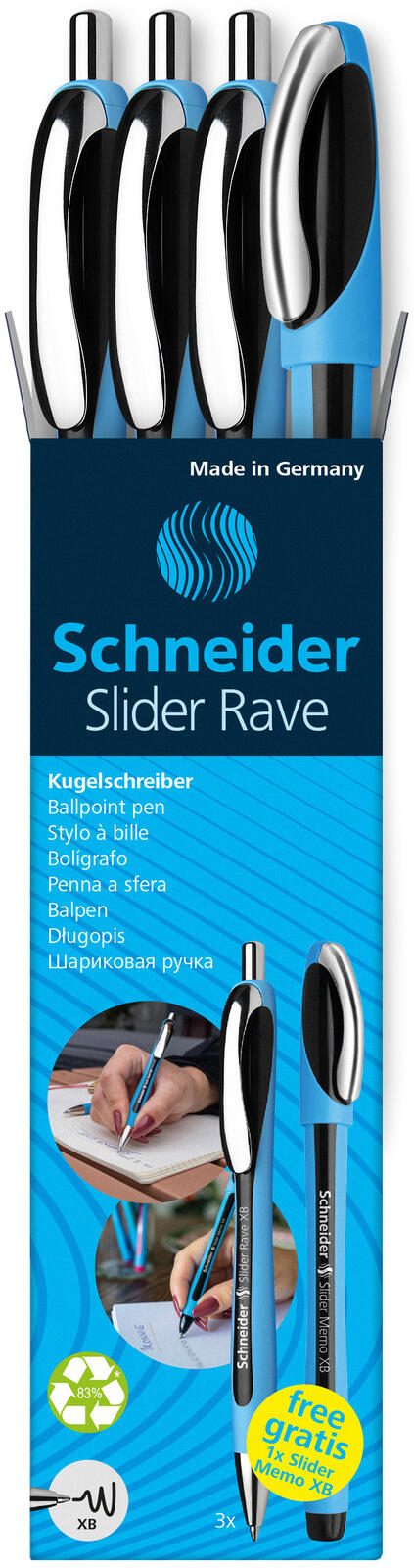 Schneider Slider Rave XB Stylo à bille bleu 0.7 mm - Couleur d'écriture : Noir, 3 St. + 1 Schneider Slider Memo XB OFFERT — lot de 3 pièces