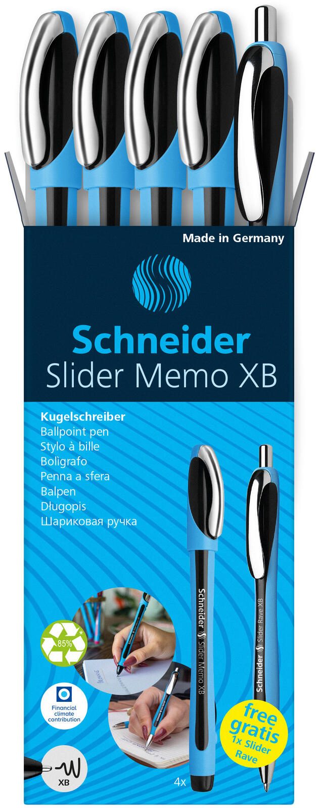 Schneider Slider Memo Stylo à bille bleu 0,7 mm Couleur d'écriture : Noir 4 pièces + 1 Schneider Slider Rave XB OFFERT