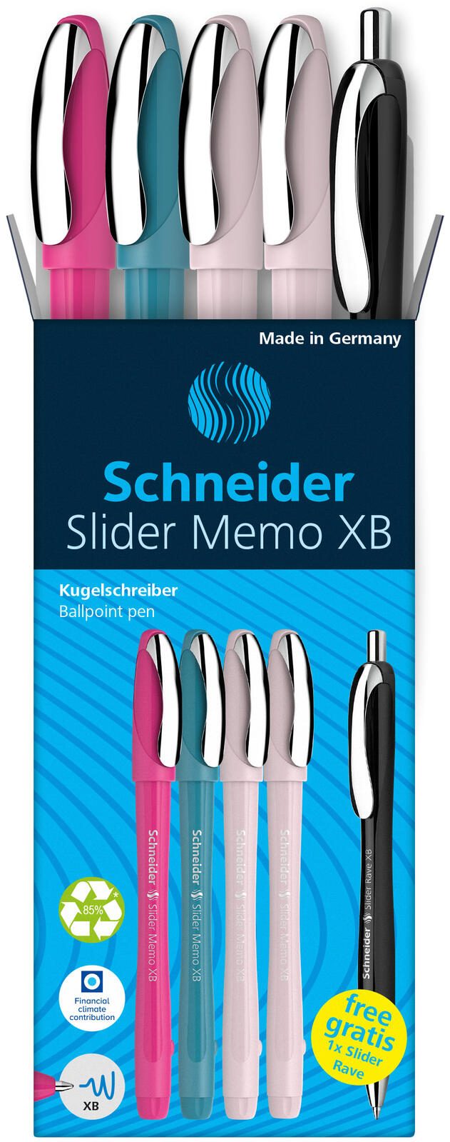 Schneider Slider Memo Stylos à bille assortis 0,7 mm Couleur d'écriture : Bleu, 4 pièces + STYLO GRATUIT Schneider Slider Rave XB black — lot de 4 pièces