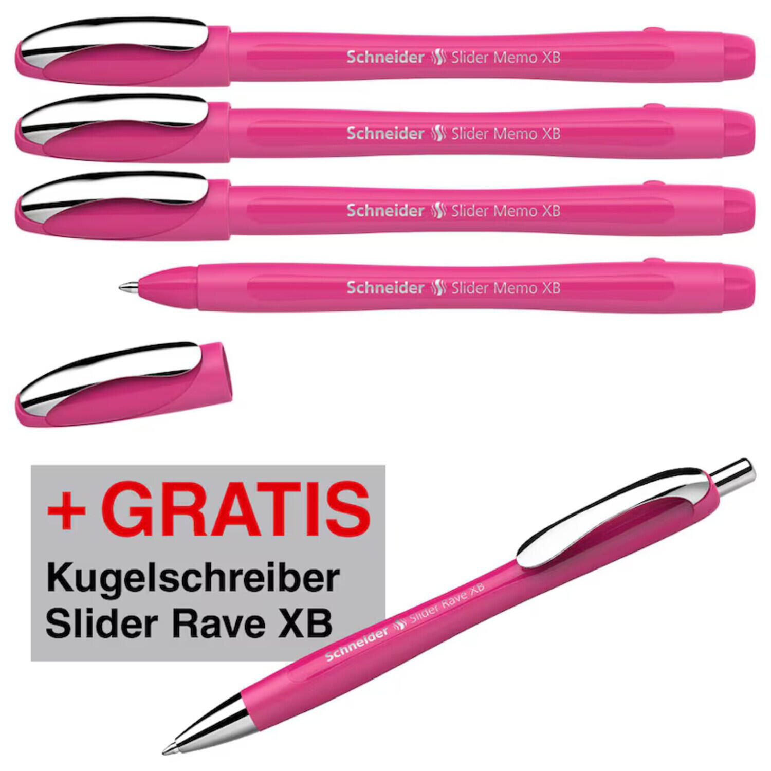 Stylo à bille Schneider Slider Memo pink 0,7 mm couleur d'écriture : bleu, 4 pièces + 1 Schneider Slider Rave XB pink GRATUIT — lot de 4 pièces