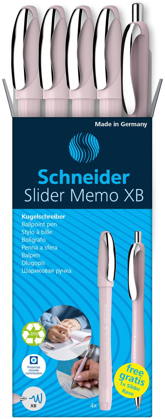 Stylo à bille Schneider Slider Memo pearl 0,7 mm couleur d'écriture : bleu, 4 pièces + 1 Schneider Slider Rave XB pearl GRATUIT — lot de 4 pièces