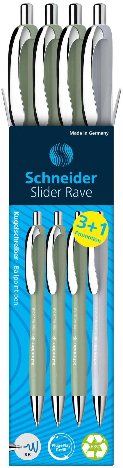 Stylo à bille Schneider Slider Rave XB organic green 0,7 mm, mine bleue (3 pièces + 1 stylo Slider Rave XB blanc offert) — lot de 3 pièces