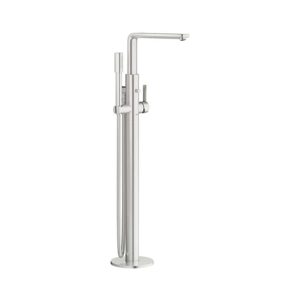 Batterie de baignoire linéaire monocommande Grohe, montage au sol, kit de montage complet avec pommeau et flexible de douche, Supersteel, référence 23792DC1