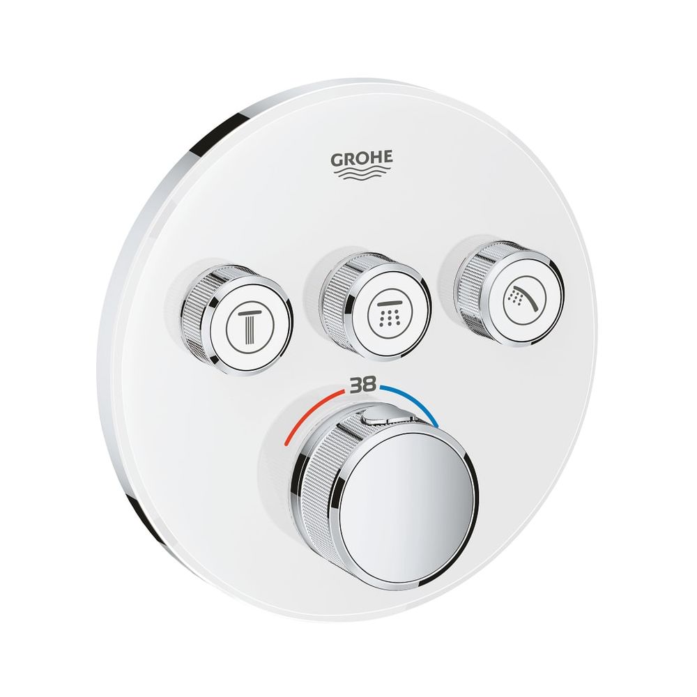 Grohe Grohtherm SmartControl thermostat, rond, kit de montage complet avec 3 vannes d'arrêt, Moon White, 29904LS0