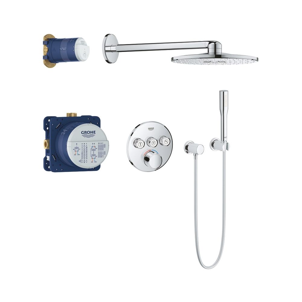 Grohe Système de douche encastré SmartControl, mitigeur encastré 3 vannes d'arrêt, forme ronde, Rainshower 310 SmartActive, chromé