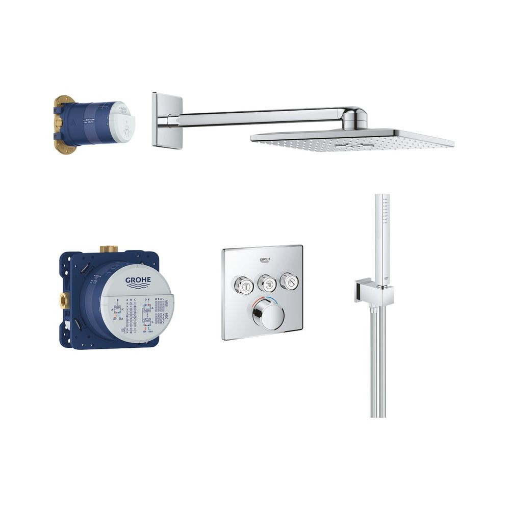 Grohe Système de douche encastré SmartControl, mitigeur encastré 3 vannes d'arrêt, forme carrée, Rainshower SmartActive 310 Cube, chromé
