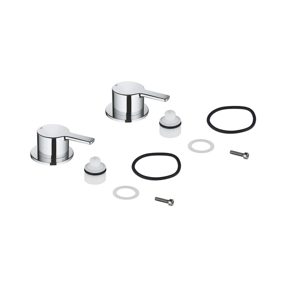 Paire de poignées Grohe, métal, marquage bleu/rouge, pour robinetterie Lineare 3 trous, chromé, 48357000