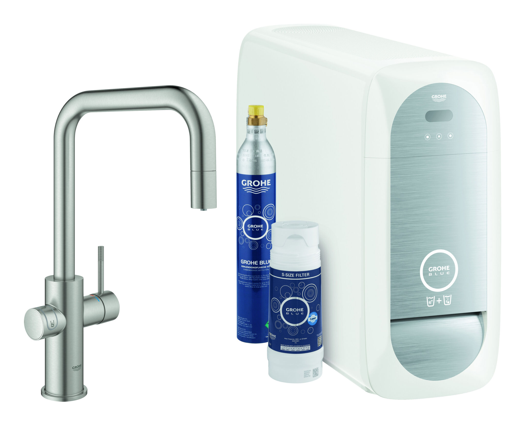 GROHE Blue Home Starter Kit, bec U, pivotant à 150°, supersteel (31543DC0)