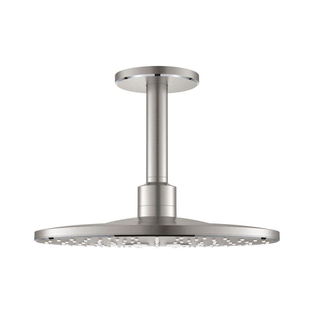 Set de douchette de plafond Grohe Rainshower SmartActive 310, rond, sortie plafond 142 mm, 2 types de jets, Supersteel, réf. 26477DC0