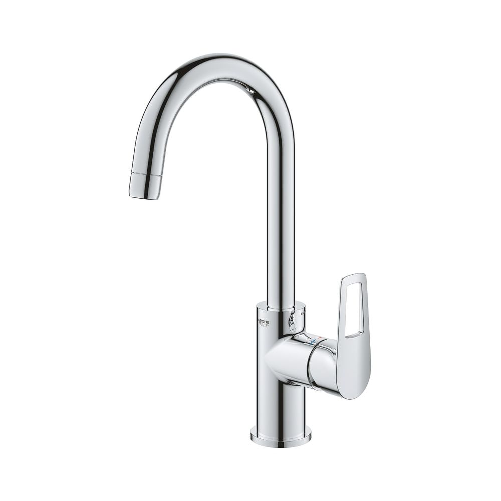 Robinetterie de lavabo Grohe BauLoop, taille L, limiteur de température, EcoJoy, bec pivotant, corps lisse, évacuation push-open, chromé